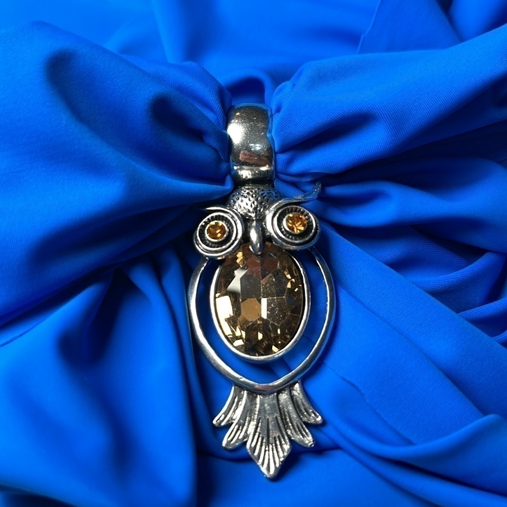 OWL Bird Silver Tone Yellow Rhinestones Scarf Enhancer or Necklace Pendant